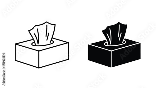 Black and white line art illustrations of two tissue boxes with tissues sticking out on a plain white background.