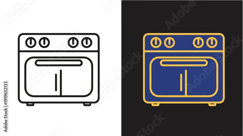 Simple line art illustrations of a stove in black and white and blue with yellow outline on white and black backgrounds.