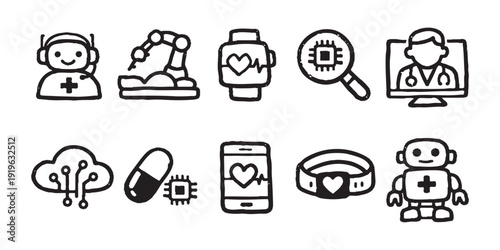 Set of hand-drawn icons illustrating digital health technology, including telemedicine, medical robots, wearable devices, and smart medicine.