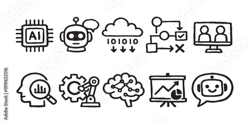 Doodle icon set for artificial intelligence, machine learning, and automation featuring chatbots, data, robotic arms, and neural networks.