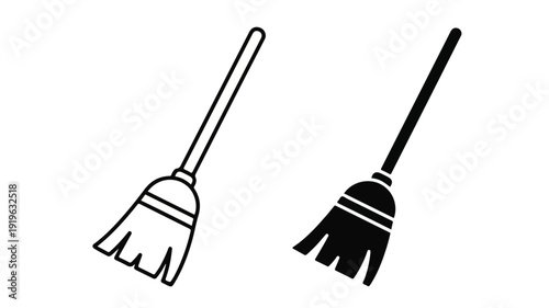 Two brooms in black and white line art on a clean white background.