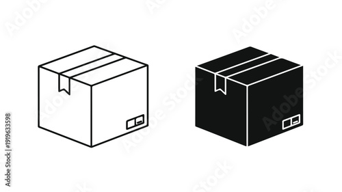 Line art illustration of two closed cardboard boxes, one white and one black, with sealed flaps and labels on a plain white background.