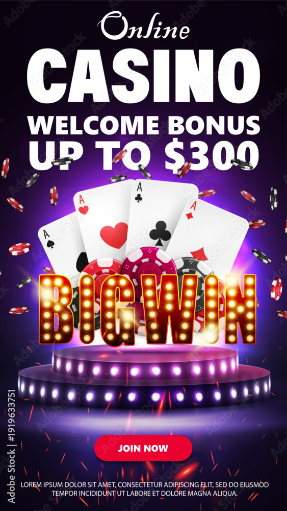 Φωτογραφία Casino online, purple vertical web banner with a offer, signboard big win with playing cards and falling chips on podium with bulbs