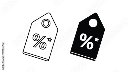 Black and white discount tags with percentage signs on a plain white background.