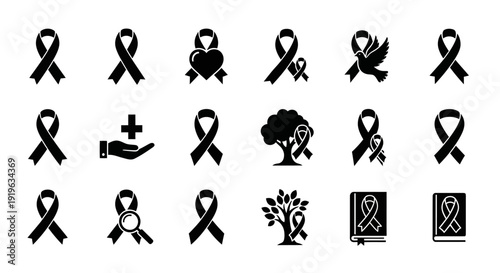 Black ribbon icons symbolizing awareness and support for various causes.