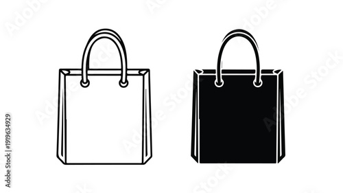 Line art illustration of two simple handbag designs, one outlined and one filled with solid black color, on a white background.