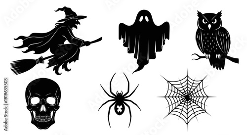Halloween Icons: Witch, Ghost, Owl, Skull, Spider, Web
