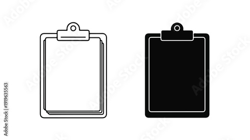 Two clipboards, one blank and white outlined, the other filled and black outlined, on a plain white background.