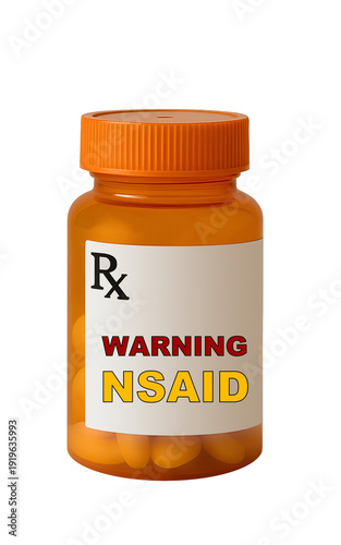 Prescription medicine bottle with NSAID warning label on white background