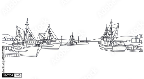 Fishing boats docked in harbor, hand-drawn sketch, maritime scene
