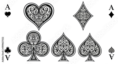 Ornate Playing Card Suits and Aces Black and White Design