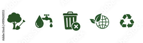 Green ecofriendly icons representing conservation of nature water waste and recycling symbols