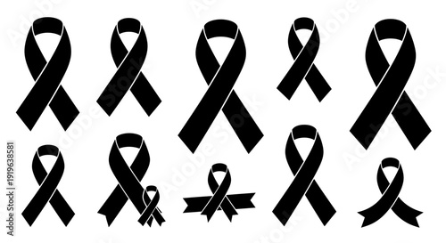 Collection of black ribbon symbols for mourning and awareness.