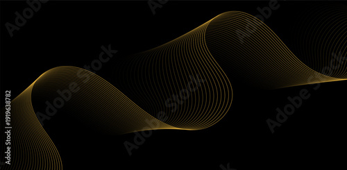 Golden wavy lines flowing across a dark background, illustrating a dynamic motion graphic design element, viewed from a straightforward perspective, as seen in .eps