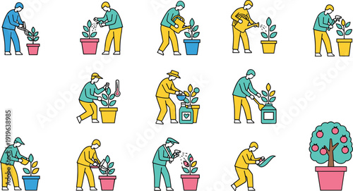 Gardening activity illustration set, people caring for potted plants, watering pruning fertilizing icons, modern flat vector home garden concept