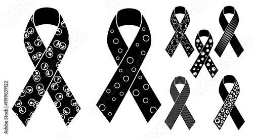 Black ribbons with various patterns symbolizing awareness and support.
