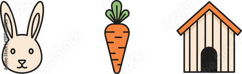 Cute cartoon rabbit face, carrot, and dog house icons on a white background