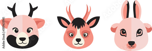 Cute cartoon animal faces with antlers and long ears, set against a white background
