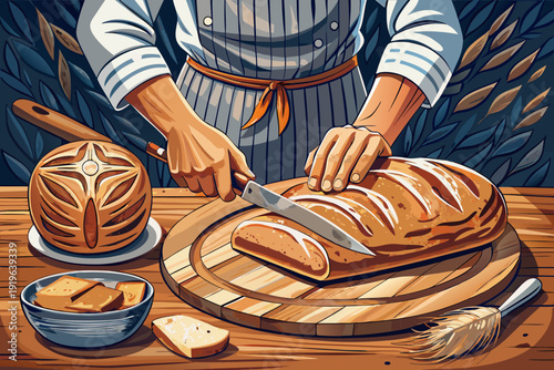 Baker hands slicing freshly baked artisanal sourdough loaf with serrated knife on rustic wooden cutting board revealing airy crumb warm bakery scene