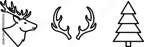 Simple line art icons of a deer head, antlers, and a Christmas tree on a white background