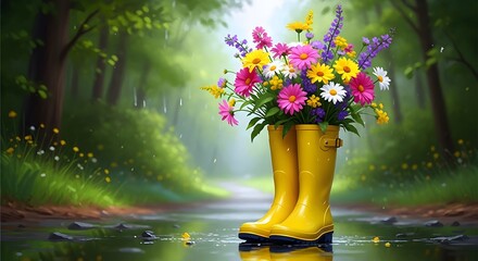 Labor day floral reflections yellow boots and vibrant flowers in nature