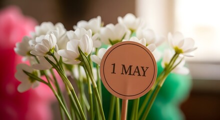 Labor day celebration with white flowers and may sign