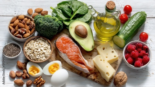 Flat lay of keto-friendly ingredients on a white wooden background for heart-healthy, low-carb meals