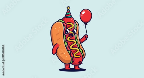 Cute Hot Dog Cartoon Character Wearing Party Hat and Holding a Red Balloon.