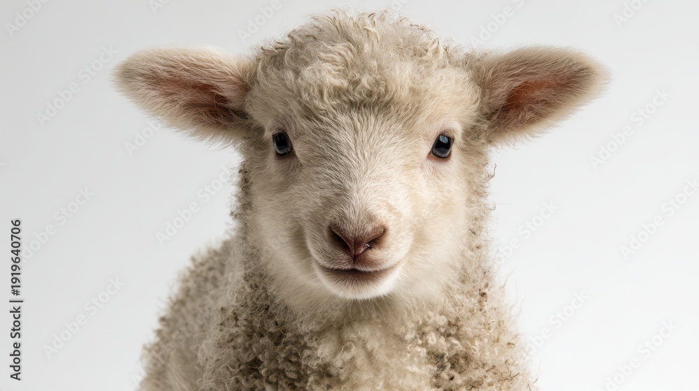 Fototapeta premium Close-up portrait of a baby lamb on a pure white background, direct gaze toward the camera