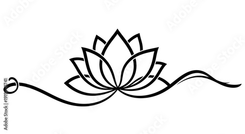 Simple black line drawing of a lotus flower with flowing stem.