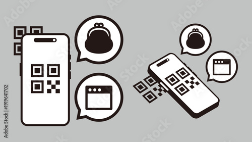QRコード決済とモバイルコミュニケーションのアイコンセット｜キャッシュレス・スマホ決済ベクター