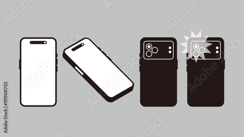 スマートフォン撮影とカメラフラッシュのアイコンセット｜モバイルフォト・写真撮影ベクター
