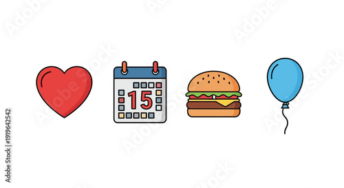 Collection of colorful icons: heart calendar hamburger and balloon.