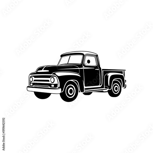 A bold black and white vector illustration of a vintage pickup truck. This high-contrast retro vehicle graphic features a classic 1950s style on a white background.