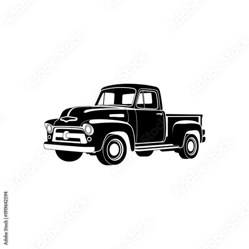 A bold black and white vector illustration of a vintage pickup truck. This high-contrast retro vehicle graphic features a classic 1950s style on a white background.