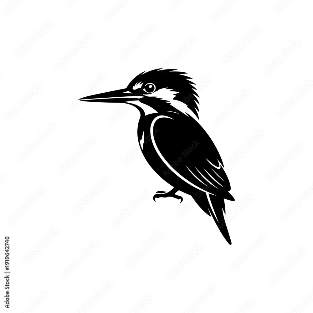 Fototapeta premium A bold black and white vector silhouette of a kingfisher bird perched. This high-contrast nature graphic features the bird's sharp beak and sleek profile on a white background.