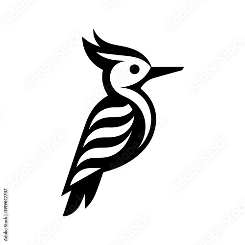 A bold black and white vector illustration of a Hoopoe bird. This high-contrast nature graphic features the bird's distinctive crest and long beak on a white background.