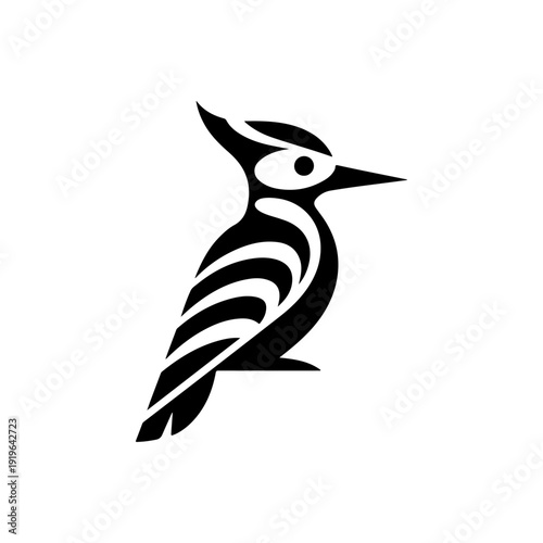 A bold black and white vector illustration of a Hoopoe bird. This high-contrast nature graphic features the bird's distinctive crest and long beak on a white background.