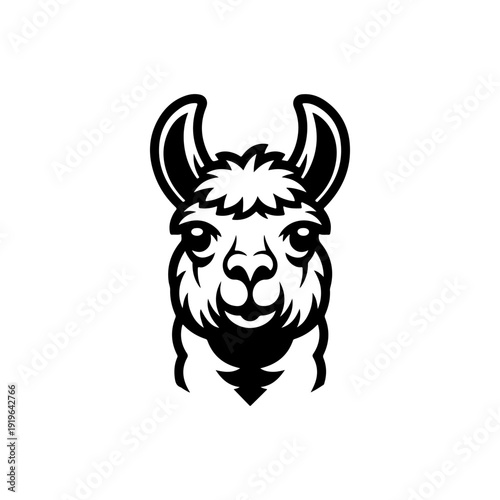 A bold black and white vector illustration of a llama's head. This high-contrast animal portrait features expressive eyes and large ears on a clean white background.