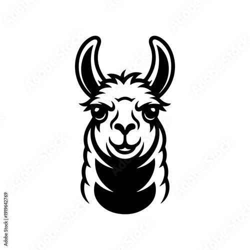 A bold black and white vector illustration of a llama's head. This high-contrast animal portrait features expressive eyes and large ears on a clean white background.