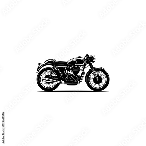 A bold black and white vector illustration of a vintage cafe racer motorcycle. This high-contrast silhouette features classic mechanical details on a white background.
