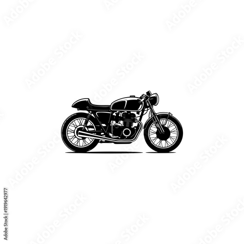 A bold black and white vector illustration of a vintage cafe racer motorcycle. This high-contrast silhouette features classic mechanical details on a white background.