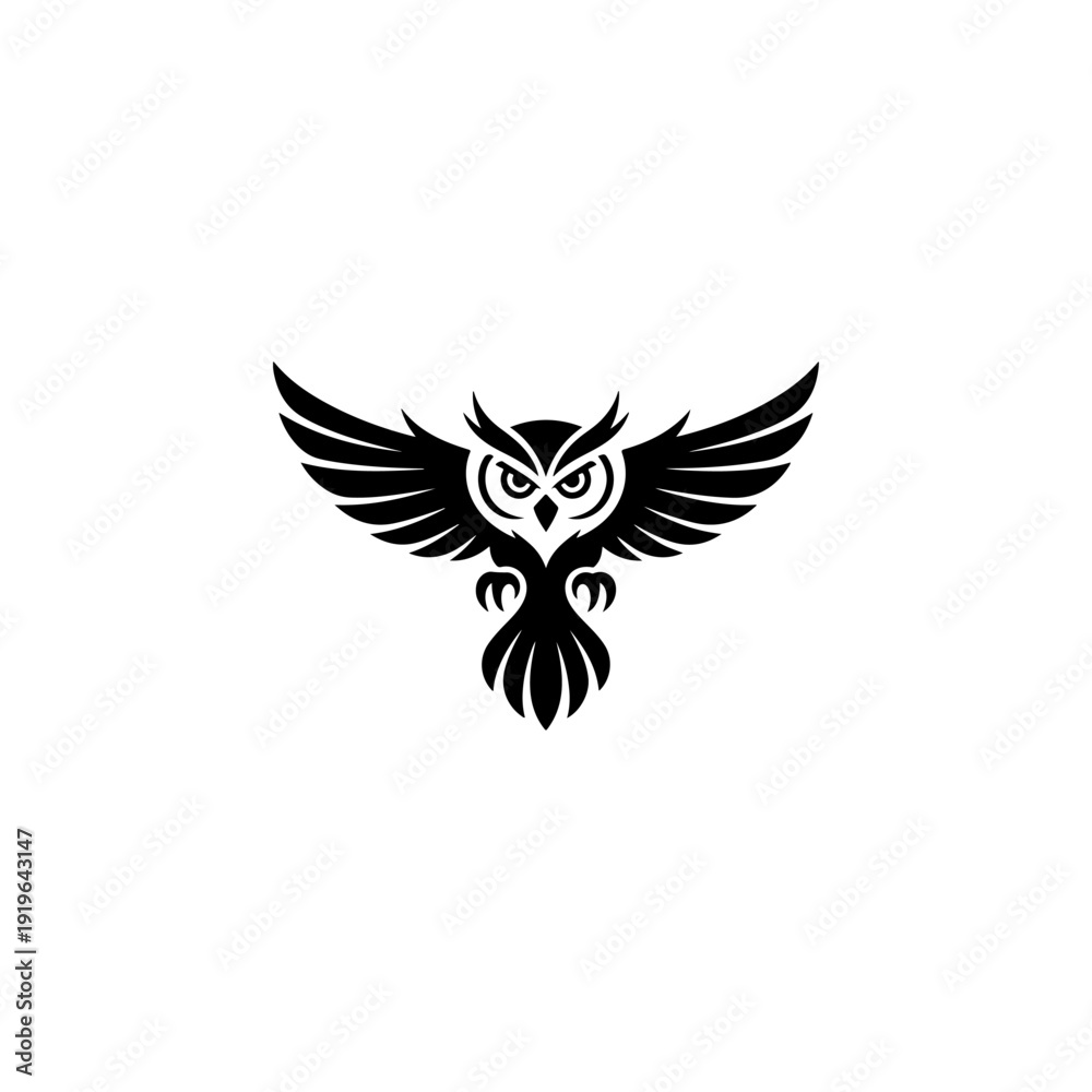 Fototapeta premium A bold black and white vector illustration of an owl in flight with wings spread. This high-contrast graphic features a symmetrical, stylized design on a white background.