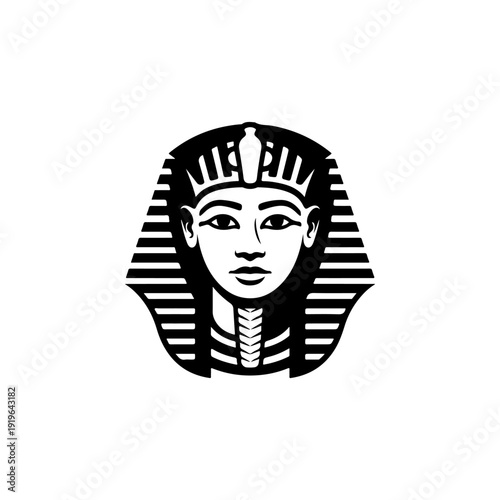 A bold black and white vector illustration of an Egyptian Pharaoh's head. This high-contrast portrait features the iconic Nemes headdress and clean, symmetrical lines.