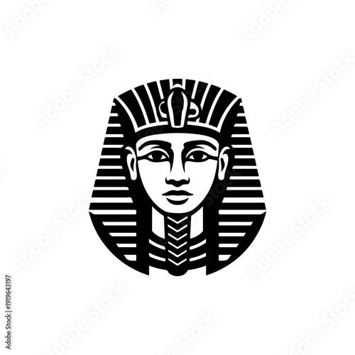 A bold black and white vector illustration of an Egyptian Pharaoh's head. This high-contrast portrait features the iconic Nemes headdress and clean, symmetrical lines.