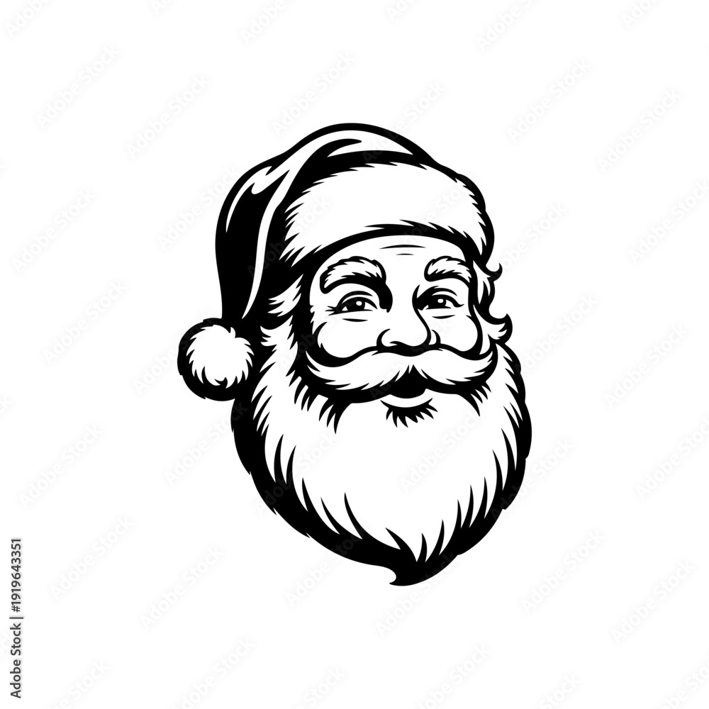 Obraz premium A bold black and white vector illustration of a jolly Santa Claus head. This high-contrast holiday graphic features a thick white beard and a classic pom-pom hat.