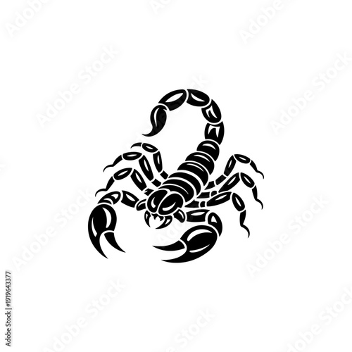A bold black and white vector illustration of a scorpion. This high-contrast graphic features a curved stinger, sharp pincers, and segmented body on a white background.