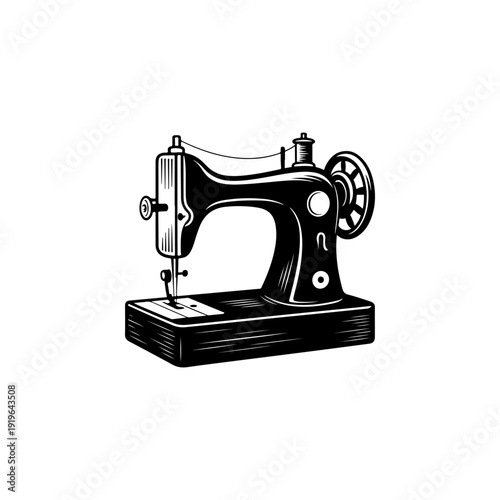 A bold black and white vector illustration of a vintage manual sewing machine. This high-contrast graphic features classic mechanical details isolated on a white background.