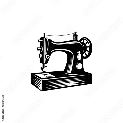 A bold black and white vector illustration of a vintage manual sewing machine. This high-contrast graphic features classic mechanical details isolated on a white background.