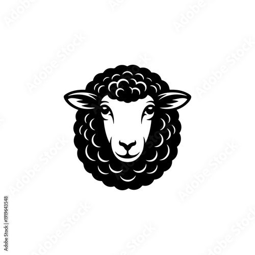A bold black and white vector illustration of a sheep's head. This high-contrast farm animal portrait features thick, curly wool and a calm, symmetrical expression.